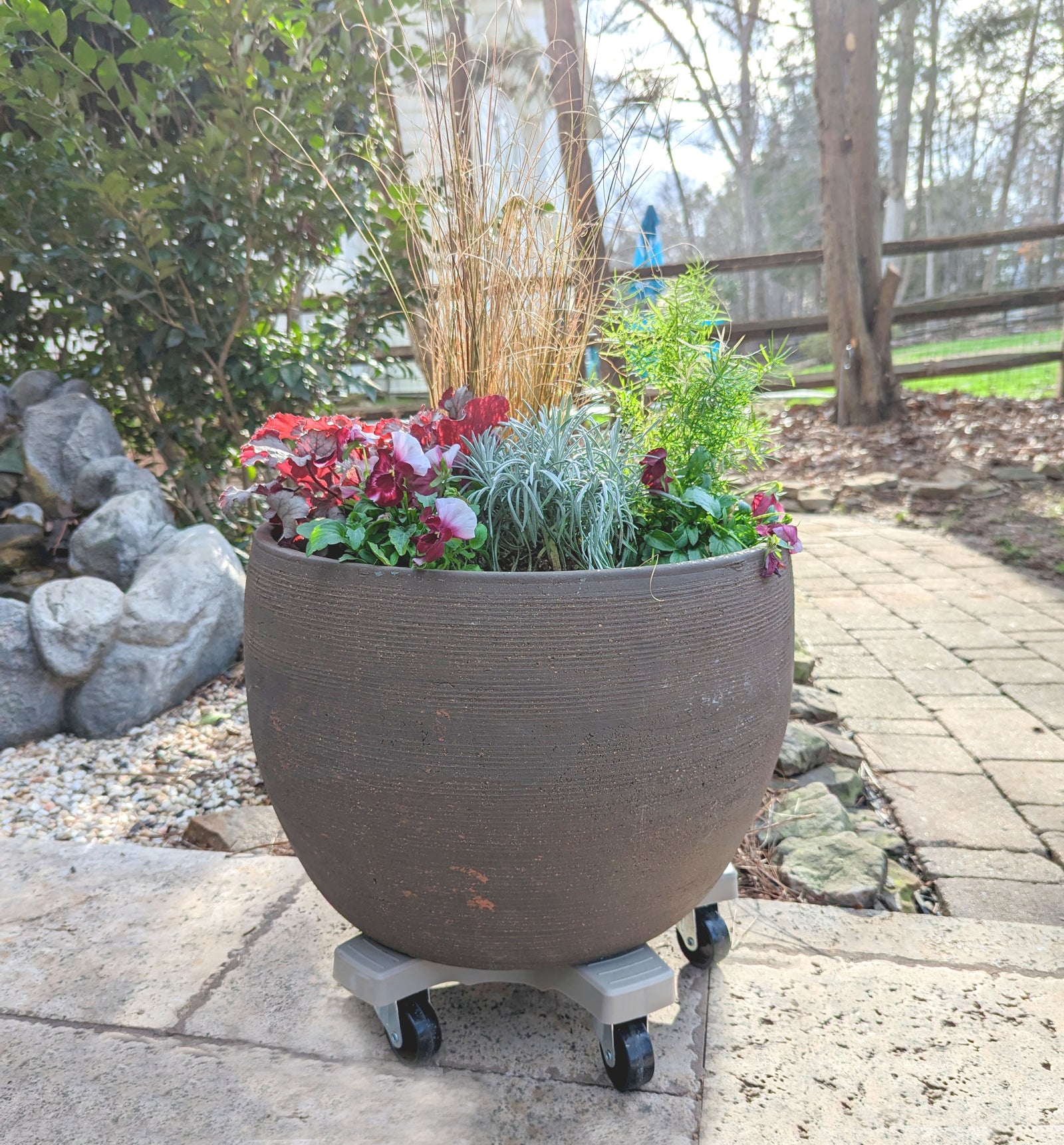 Planted pot resting on a Bosmere Down Under Plant Caddie